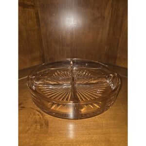 VTG Pink Round Glass 4-Way Divided Dish with Starburst Pattern